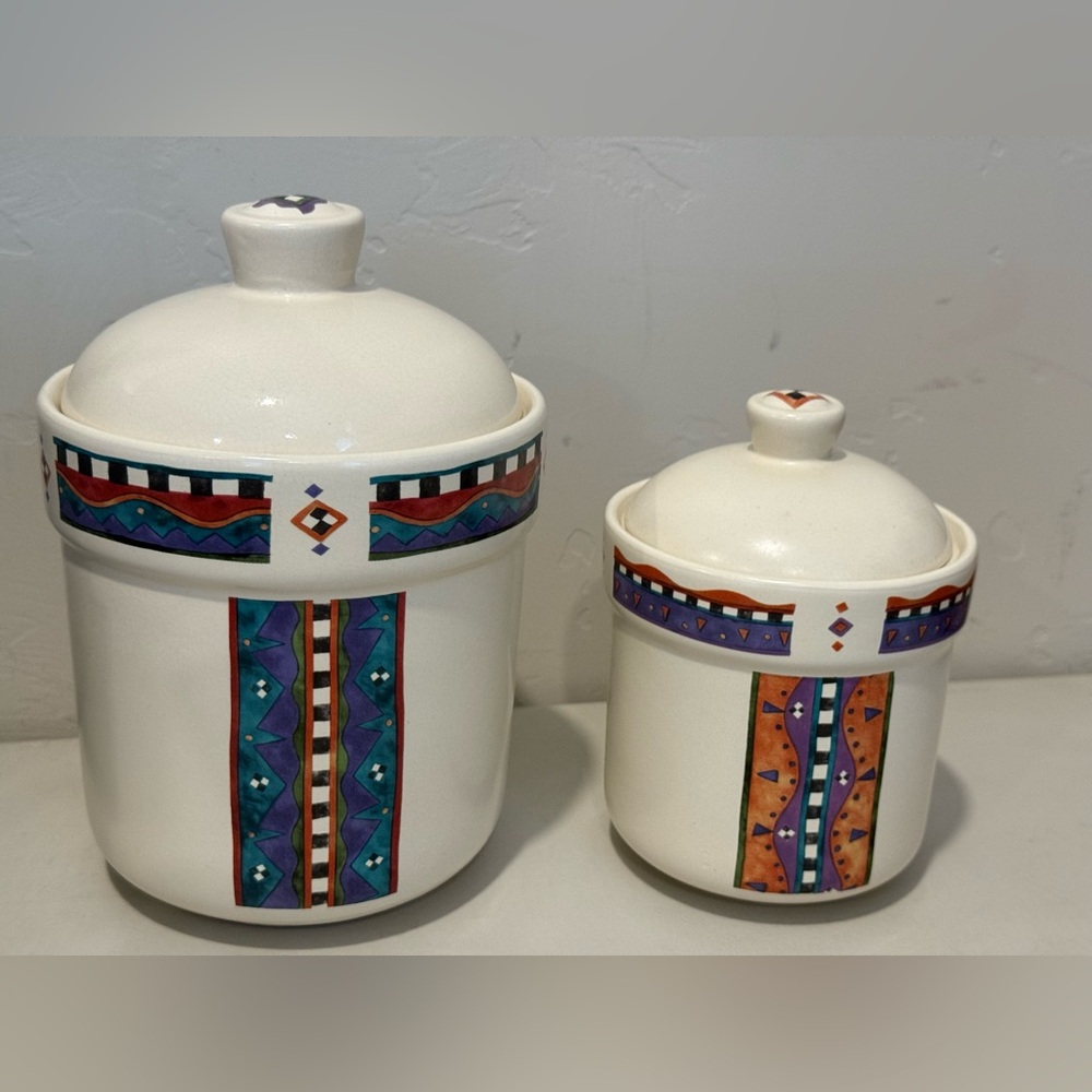 VTG Treasure Craft Adirondack Canister Lids Aztec Southwest Pattern Set of 2